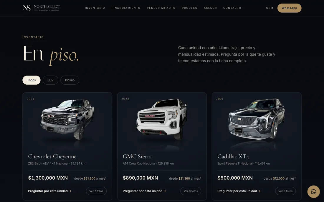 Inventario de North Select en fondo oscuro, con precios y mensualidades
